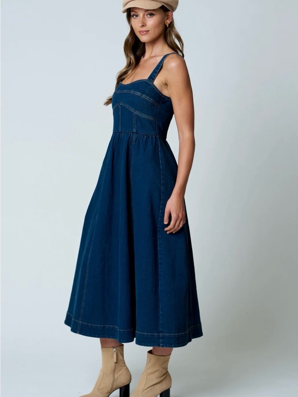 Sleeveless Midi Denim Dress in Dark Blue - Picture 3 of 8